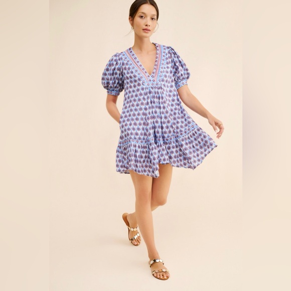 Maeve Dresses & Skirts - Anthropologie Maeve Puff Sleeve V Neck Medallion Lined Mini Dress Size Medium